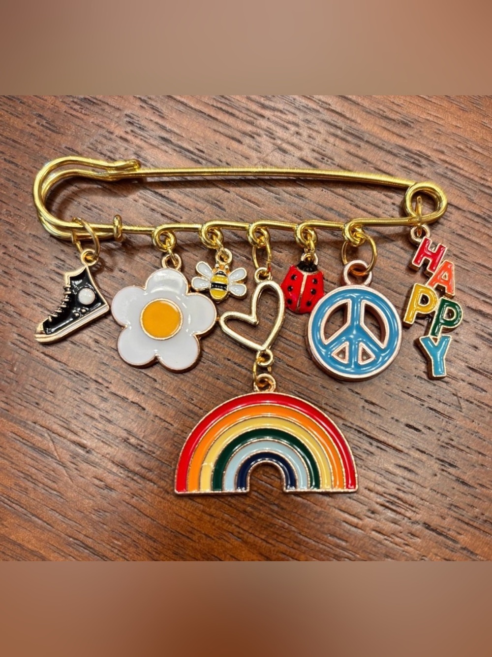 New handmade fun Gold Charm Brooch rainbow peace bee ladybug flower happy love
